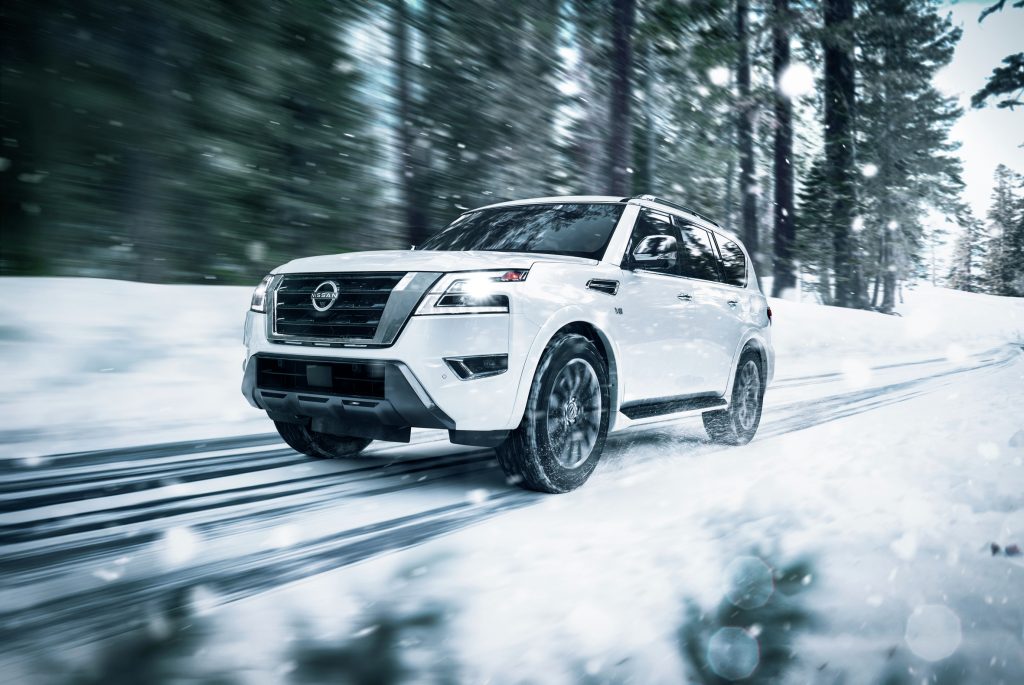2022 Nissan Armada white front view in snow